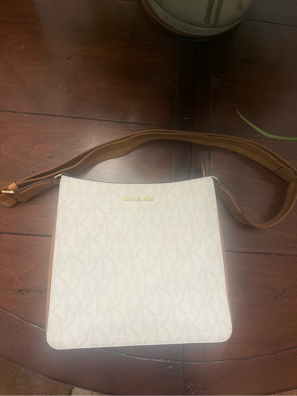 Michael Kors White Logo Crossbody with Tan Strap USED!
